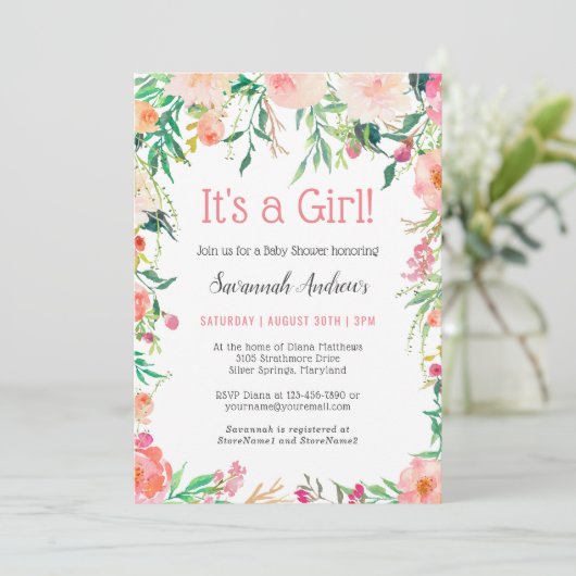 繊細なピンクの水の色のフローラ赤ちゃんシャワー 招待状 (スタンド正面)