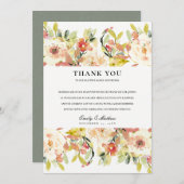 繊細なピンクの水彩花のウェディング サンキューカード (正面/裏面)