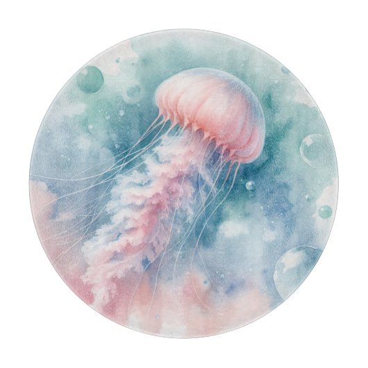 繊細なピンクの水色クラゲ カッティングボード (正面)