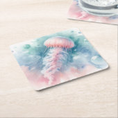 繊細なピンクの水色クラゲ スクエアペーパーコースター (アングル)