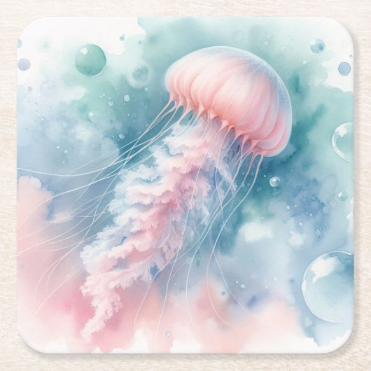 繊細なピンクの水色クラゲ スクエアペーパーコースター (正面)