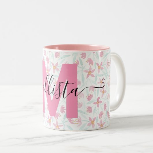 繊細なピンクの緑の野生の花フローラ水色 ツートーンマグカップ (正面右)