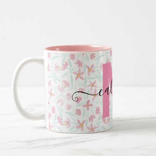 繊細なピンクの緑の野生の花フローラ水色 ツートーンマグカップ (左)