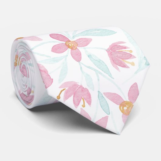 繊細なピンクの緑の野生の花フローラ水色 ネクタイ (ロール)