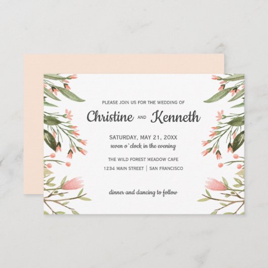 繊細なピンクの縁ど野花結婚植物園 招待状 (正面/裏面)
