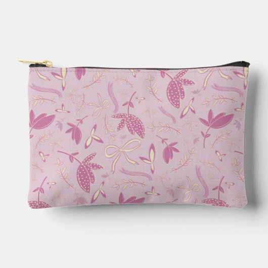繊細なピンクの花と弓 アクセサリーポーチ (正面)