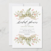 繊細なピンクの花と緑のブライダルシャワー 招待状 (正面)