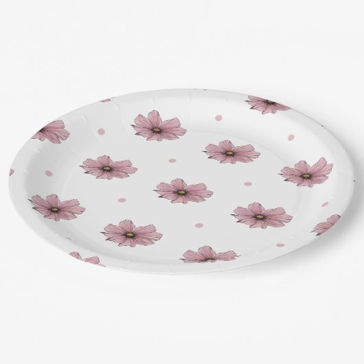 繊細なピンクの花の水玉模様 ペーパープレート (アングル)