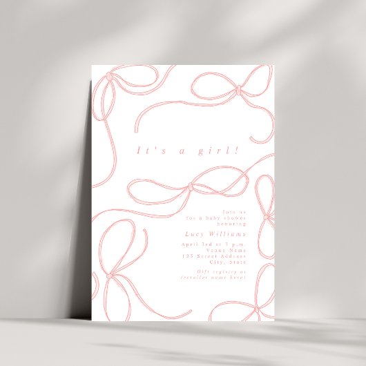 繊細なピンクの蝶結び 女の子のベビーシャワー コケット 招待状