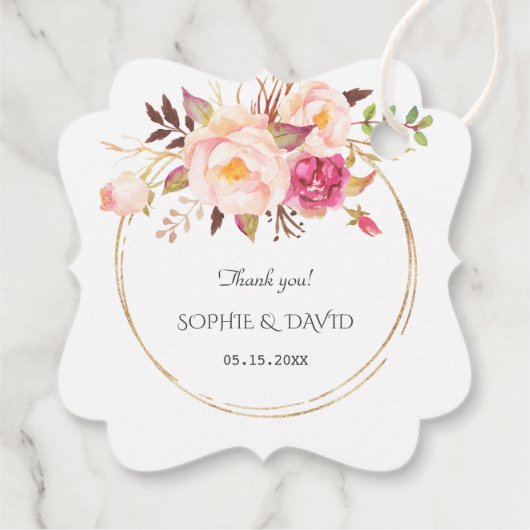 繊細なピンクの赤面の花結婚の金ゴールド フェイバータグ (裏面)
