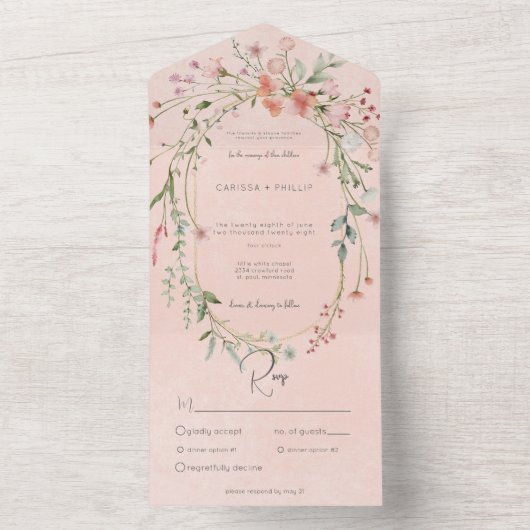 繊細なピンクの赤面素朴ワイルドフラワーディナー オールインワン招待状 (内側)