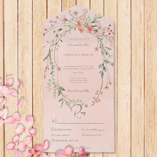 繊細なピンクの赤面素朴ワイルドフラワーディナー オールインワン招待状