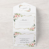 繊細なピンクの赤面花の金ゴールド枠 オールインワン招待状 (外側)