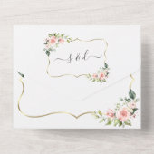 繊細なピンクの赤面花の金ゴールド枠 オールインワン招待状 (裏面)