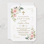 繊細なピンクの赤面花金ゴールドグリッターバプテスマ 招待状 (正面)