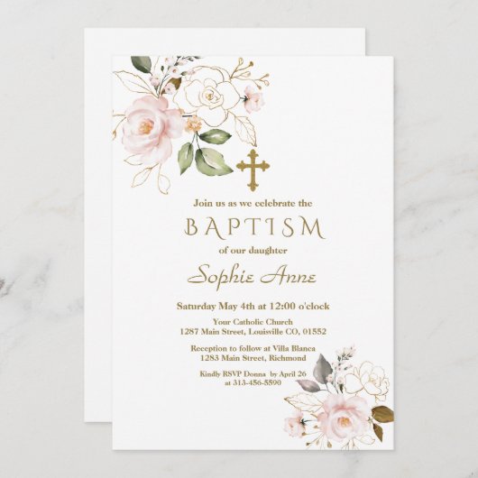 繊細なピンクの赤面金ゴールド花クロスバプテスマ 招待状 (正面/裏面)