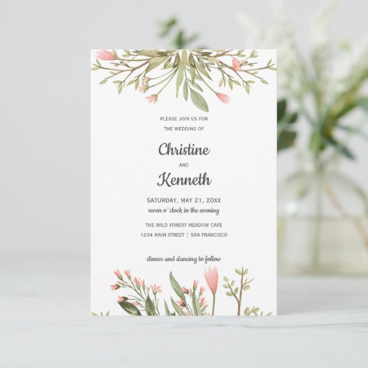 繊細なピンクの野生の花シックなボタニッ結婚クス 招待状 (スタンド正面)