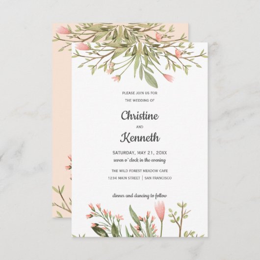 繊細なピンクの野生の花シックなボタニッ結婚クス 招待状 (正面/裏面)