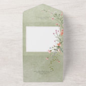 繊細なピンクの野素朴草花セージのディナー オールインワン招待状 (外側)