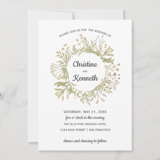 繊細なピンクの野草リースボタニッ結婚クス 招待状 (正面)