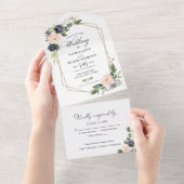 繊細なピンクブルーフローラジオメト結婚リ オールインワン招待状 (貼ってはがせる)