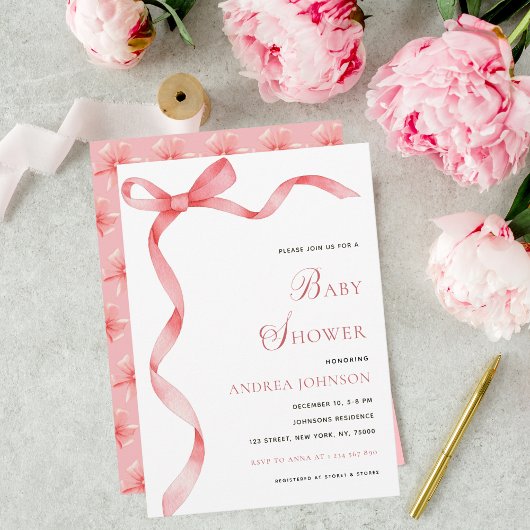 繊細なピンクリボンボウ女の子モダンの赤ちゃんシャワー セーブザデート