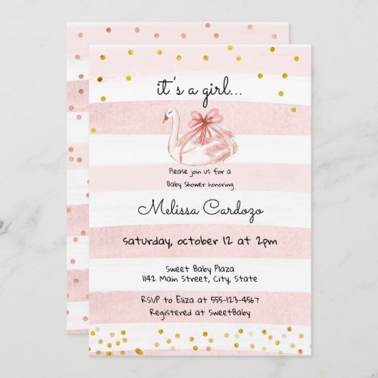 繊細なピンク色の水色の白鳥の赤ちゃんシャワー 招待状 (正面/裏面)