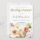 繊細なピーチピンクの水彩フローラブライダルシャワー 招待状 (正面)