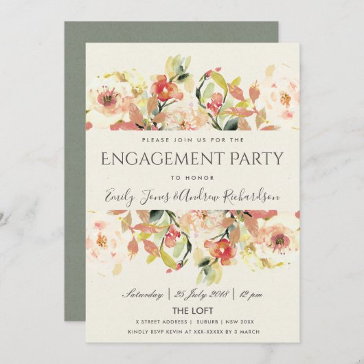 繊細なピーチピンクの水彩フローラ婚約 招待状 (正面/裏面)