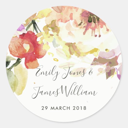 繊細なピーチピンクの水彩フローラ封筒用シール ラウンドシール (正面)