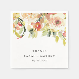 繊細なピーチピンクの水彩フローラ パーソナライズされた スタンダードカクテルナプキン