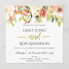 繊細なピーチピンクの水色フローラ結婚ズ 招待状