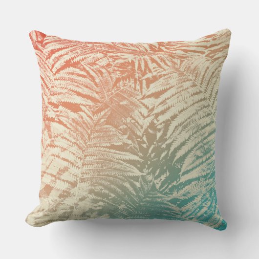 繊細なファーン葉ズコーラルレッドイエローティール(緑がかった色) クッション (正面)