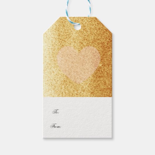 繊細なフェイクハートを持つ金ゴールドグリッター ギフトタグ (正面)