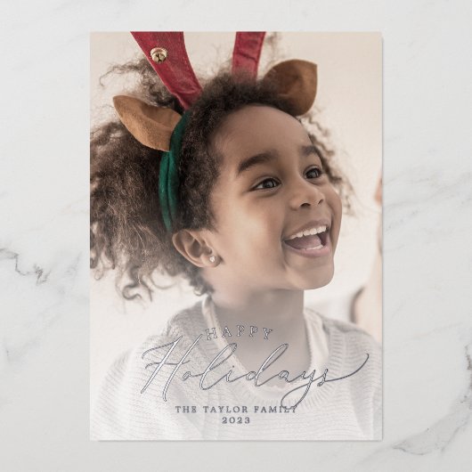 繊細なフォイル幸せな休日の写真年レビュー 箔シーズンカード (正面)