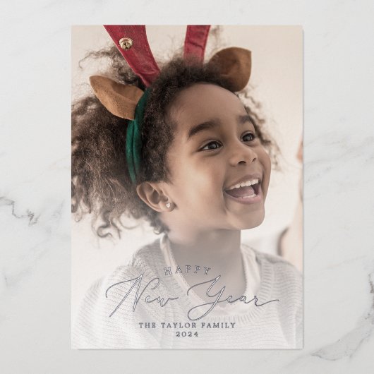 繊細なフォイル幸せな新年の写真年レビュー中 箔シーズンカード (正面)