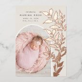 繊細なフォイル葉 |写真の誕生のお知らせ 箔招待状 (正面)