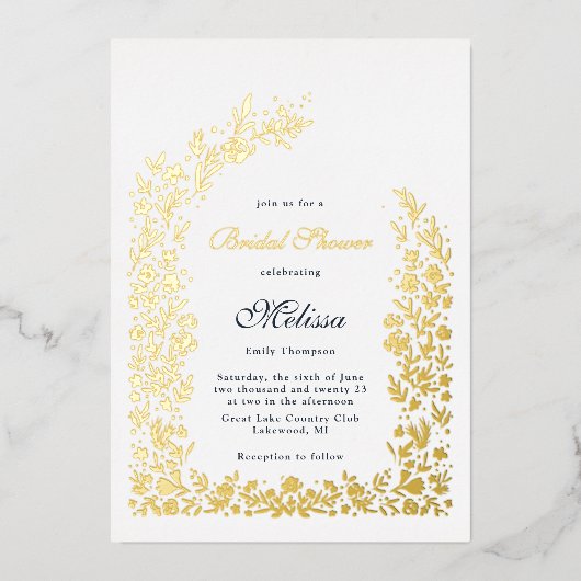 繊細なフラワーアーチブライダルシャワー結婚ズ 箔招待状 (正面)