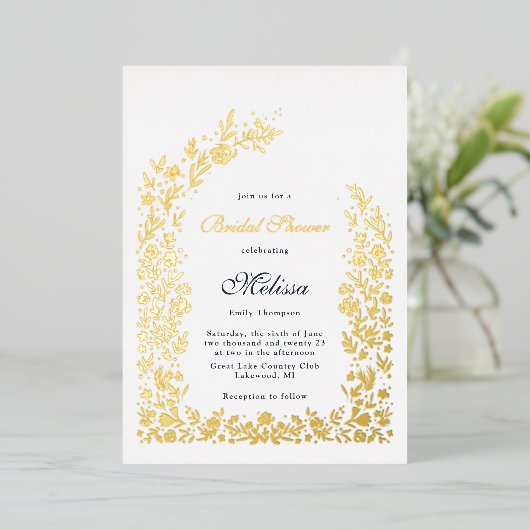 繊細なフラワーアーチブライダルシャワー結婚ズ 箔招待状 (立ち正面)