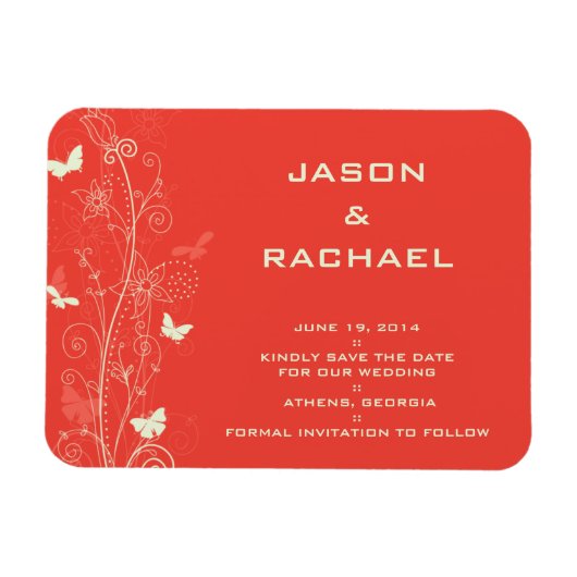 繊細なフローラと蝶は日付の魔法を保存する マグネット (横)