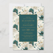 繊細なフローラアイボリーティール(緑がかった色)結婚金ゴールド 招待状 (正面)