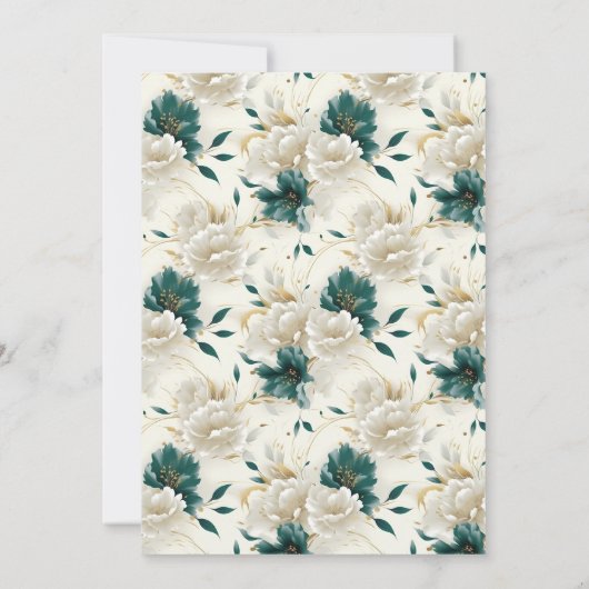 繊細なフローラアイボリーティール(緑がかった色)結婚金ゴールド 招待状 (裏面)