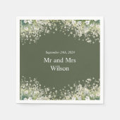 繊細なフローラオンオリーブグリーン結婚ズディナー スタンダードカクテルナプキン (正面)