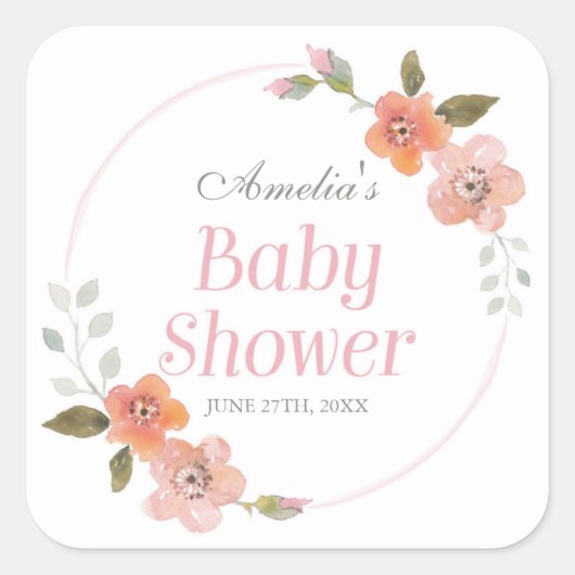 繊細なフローラピンクベビーシャワースクエアステッカー スクエアシール (正面)