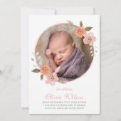 繊細なフローラピンクベビー発表写真 案内状 (正面)