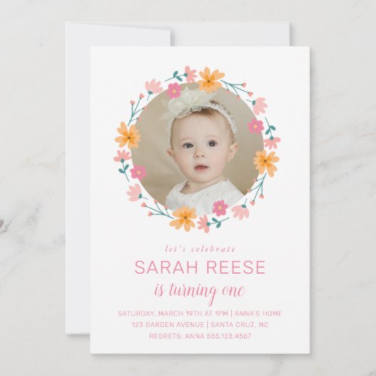 繊細なフローラフレームフォト子供の誕生日 招待状 (正面)