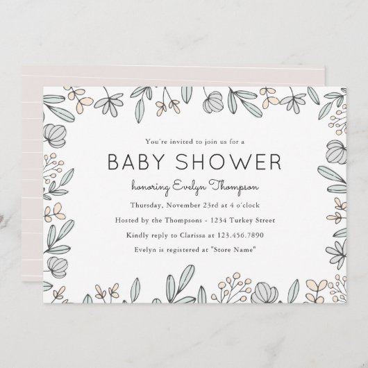 繊細なフローラベビーシャワー招待状 招待状 (正面/裏面)