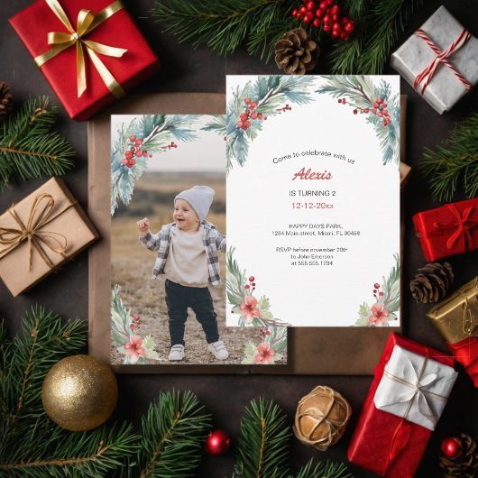 繊細なフローラリース | あなたの写真 | バースデー 招待状