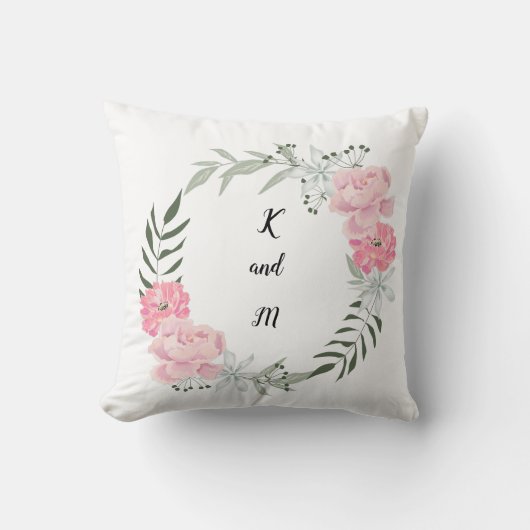 繊細なフローラリース、ピンクの牡丹 クッション (正面)