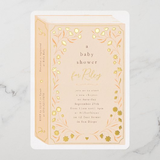 繊細なフローラ光沢のあるストーリーブックベビーシャワー 箔招待状 (正面)